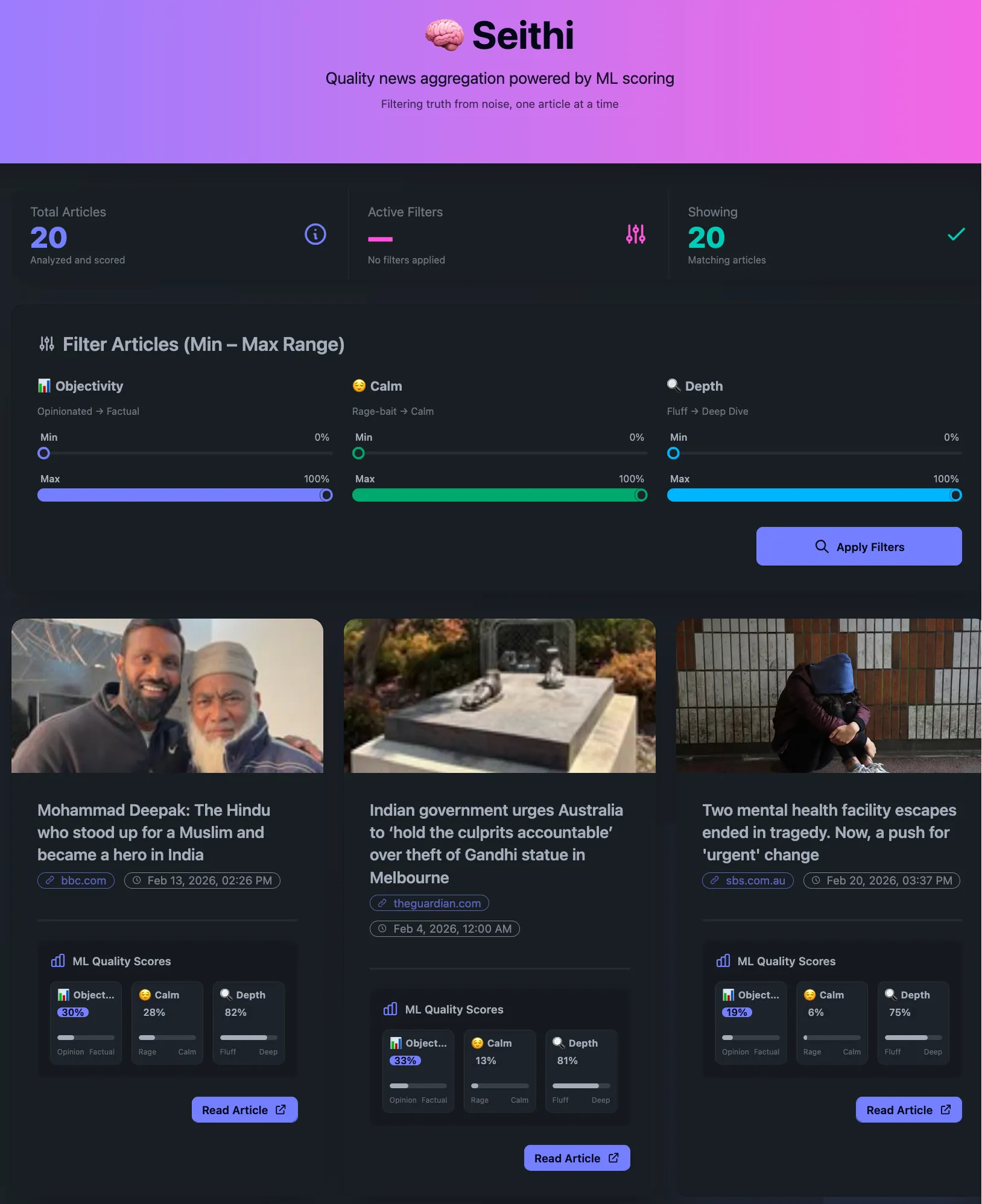 Seithi UI showing article score bars